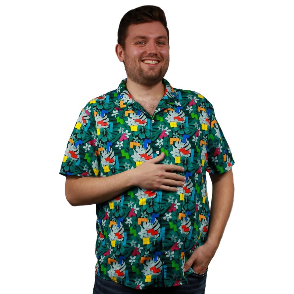 Tetris Hawaiian Teal Button Up Shirt - S - Hawaiian Shirt - No Pocket -