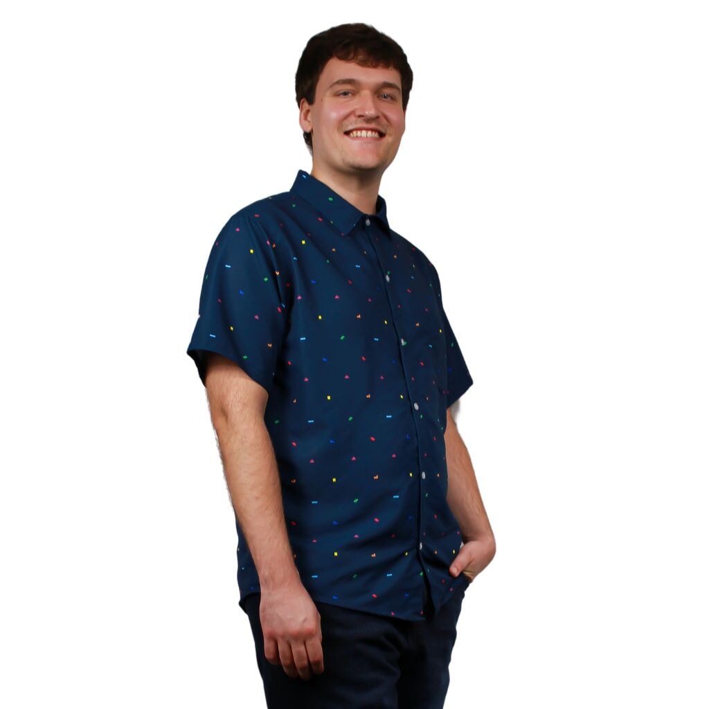 Tetris Simple Navy Button Up Shirt - S - Hawaiian Shirt - No Pocket -