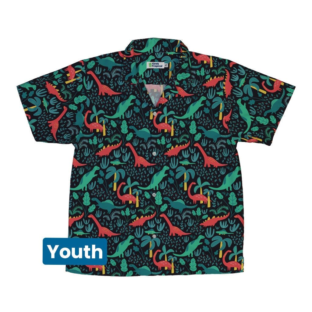 Tropical Dinosaur Green Aloha Youth Hawaiian Shirt - YXS - -