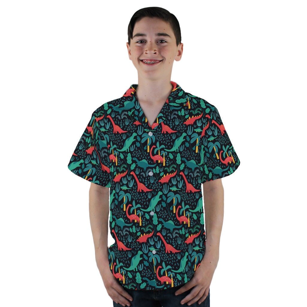 Tropical Dinosaur Green Aloha Youth Hawaiian Shirt - YL - -
