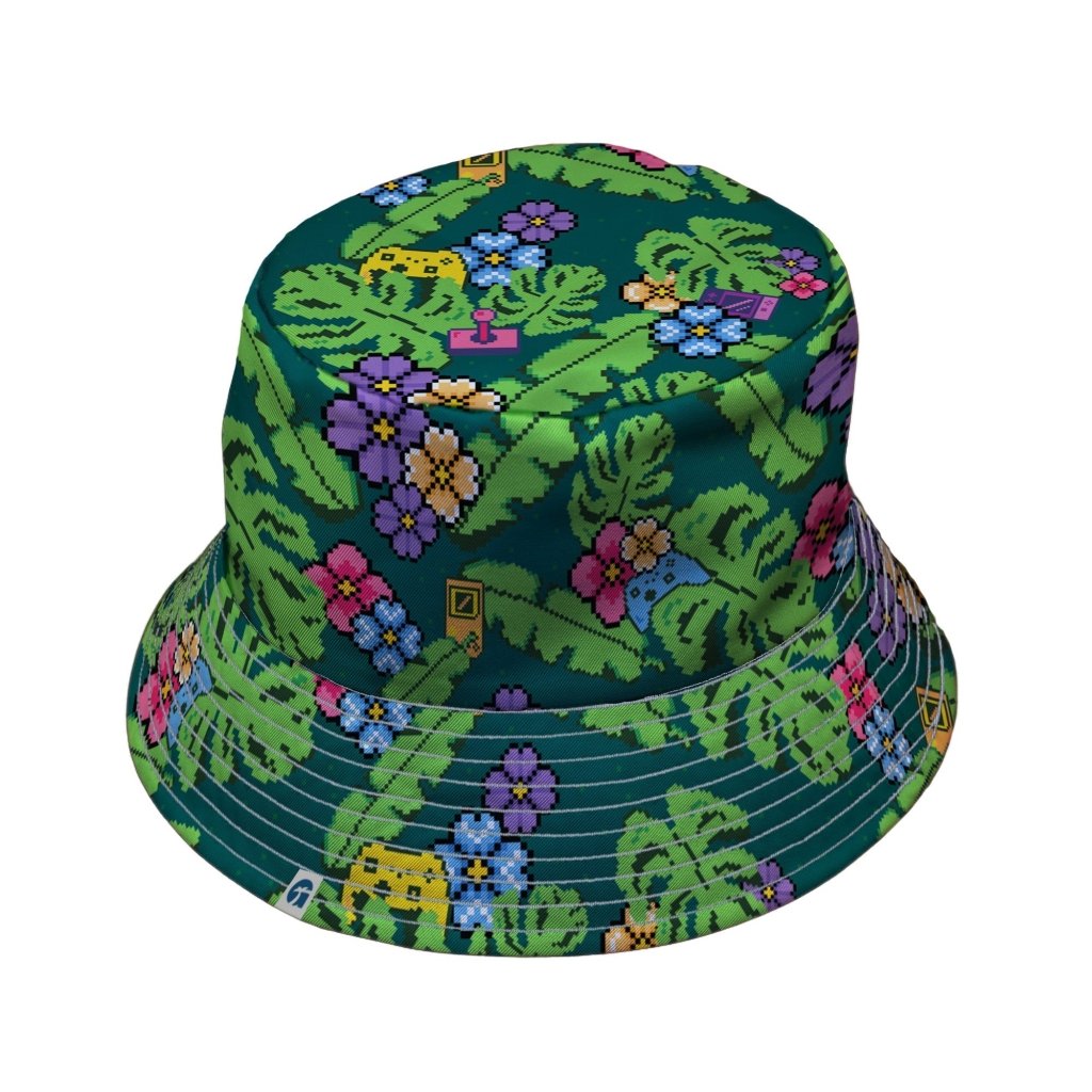 Tropical Video Game Pixels Bucket Hat - M - Grey Stitching - -