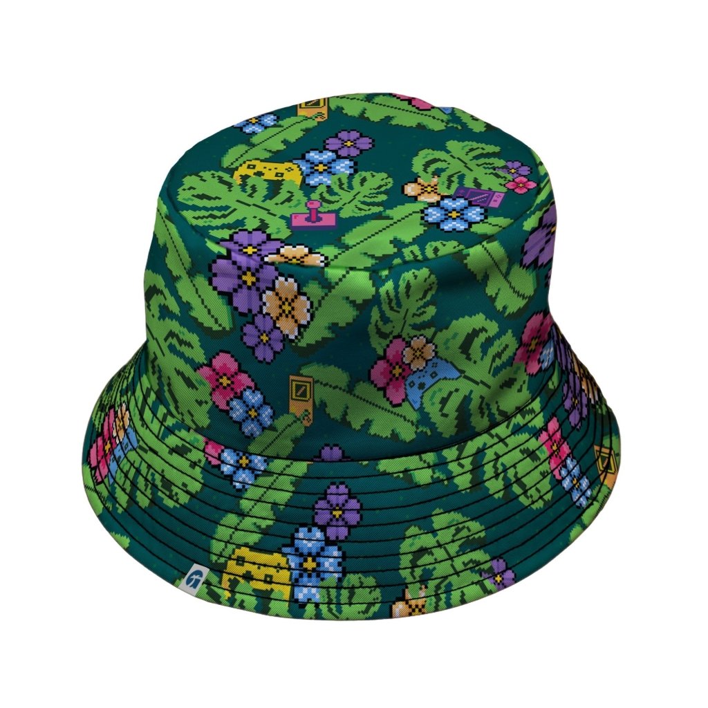 Tropical Video Game Pixels Bucket Hat - M - Black Stitching - -