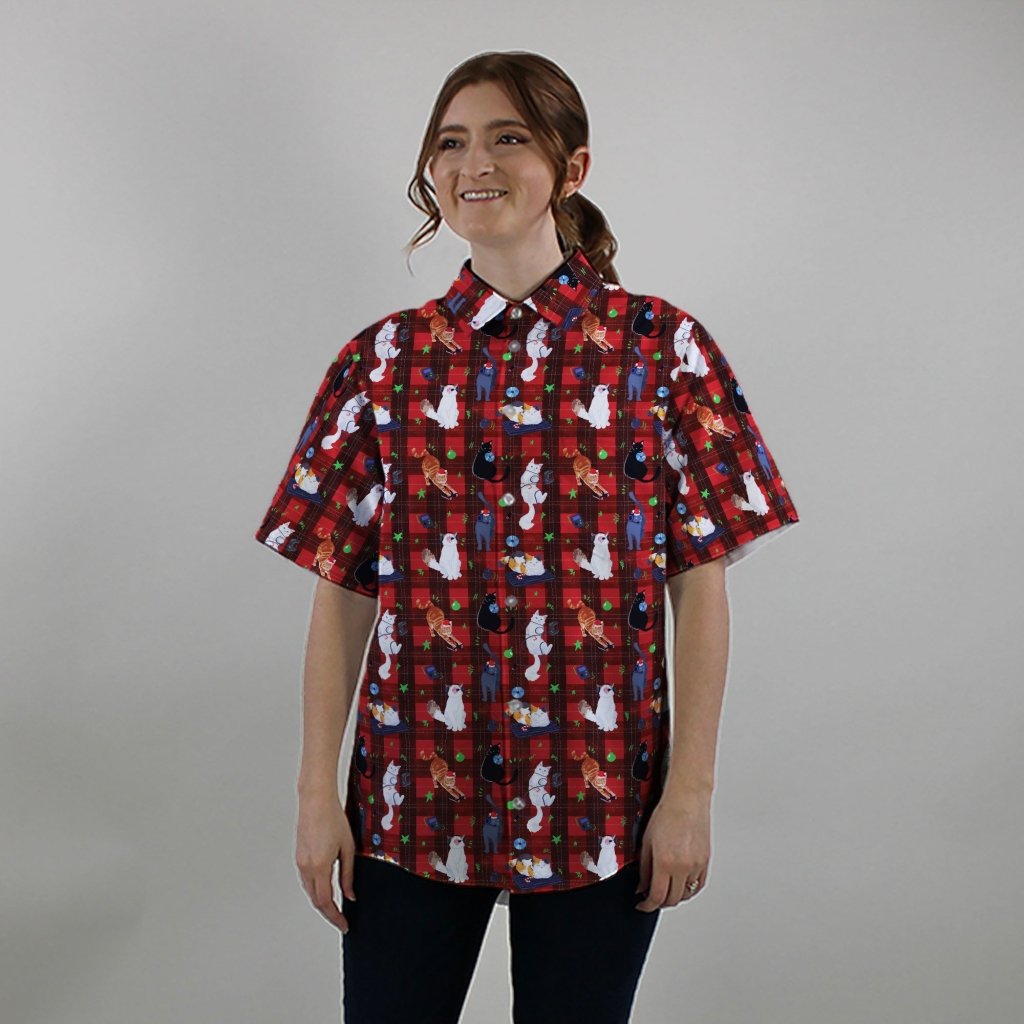 Video Game Cats Christmas Button Up Shirt - XS - Hawaiian Shirt - No Pocket -
