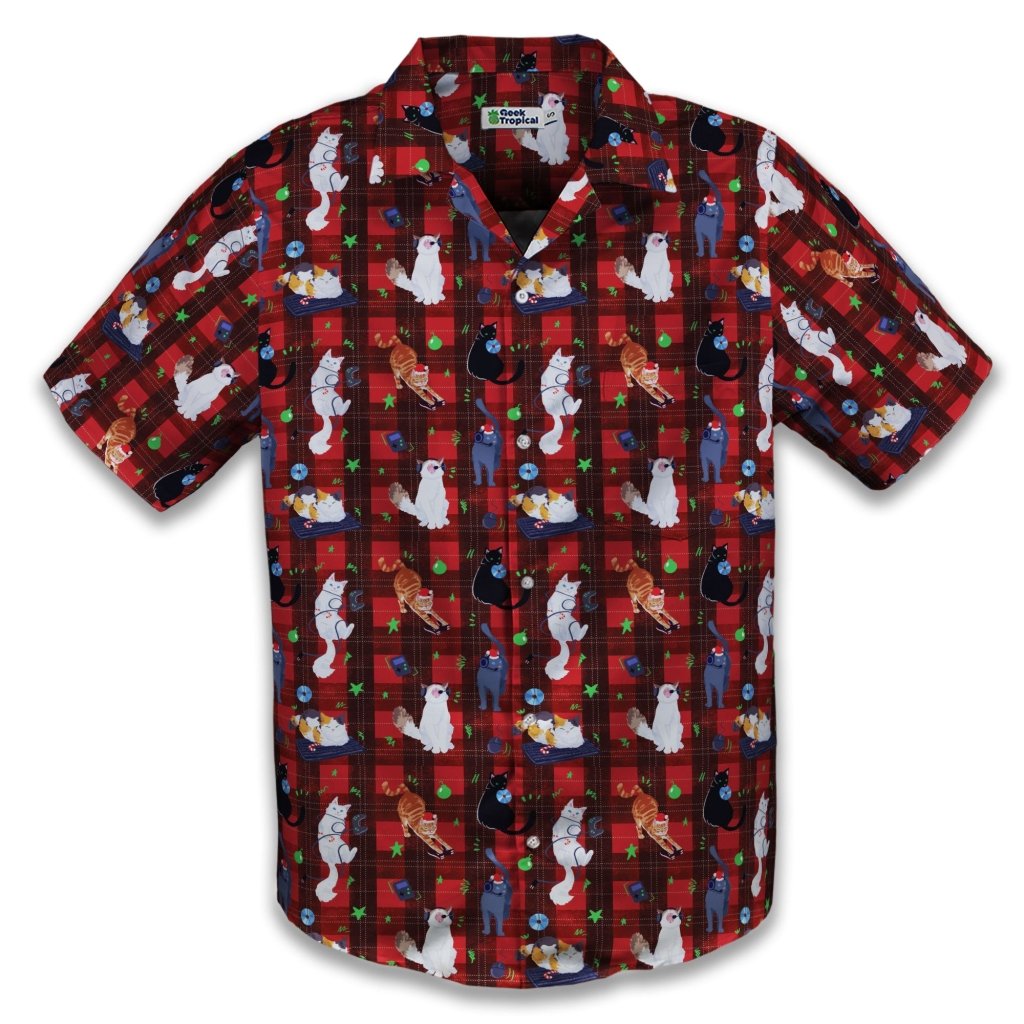 Video Game Cats Christmas Button Up Shirt - XS - Hawaiian Shirt - No Pocket -