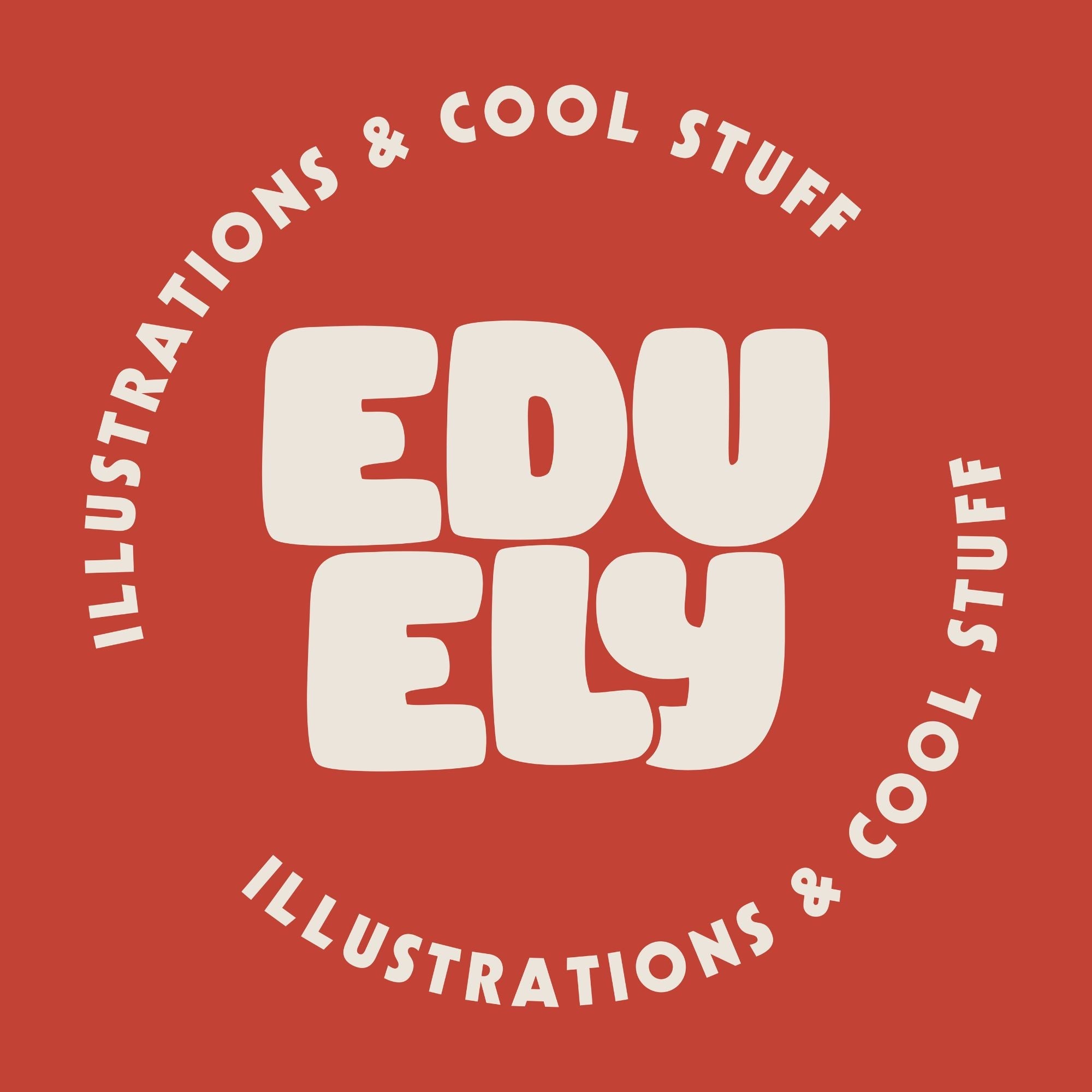 A square graphic with a warm red background and bold cream text reading 'EDU ELY' in the center, surrounded by the phrase 'ILLUSTRATIONS & COOL STUFF' curved along the top and bottom edges.