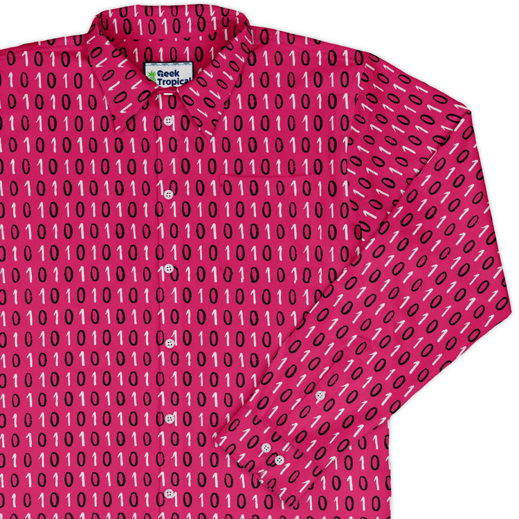 1s and 0s Pink Binary Long Sleeve Button Up Shirt Geek Nerd adult sizing computer print Design by Zirkus Design