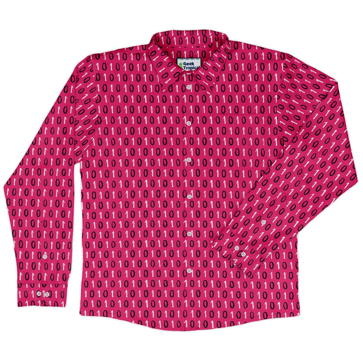 1s and 0s Pink Binary Long Sleeve Button Up Shirt Geek Nerd adult sizing computer print Design by Zirkus Design