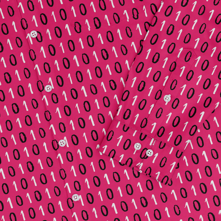 1s and 0s Pink Binary Long Sleeve Button Up Shirt Geek Nerd adult sizing computer print Design by Zirkus Design