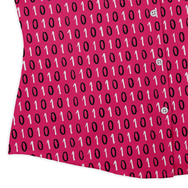 1s and 0s Pink Binary Curvy Button Up Shirt Geek Nerd computer print Design by Zirkus Design q225