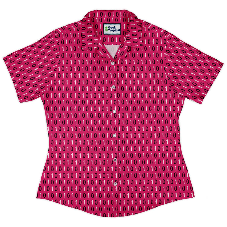 1s and 0s Pink Binary Curvy Button Up Shirt Geek Nerd computer print Design by Zirkus Design q225