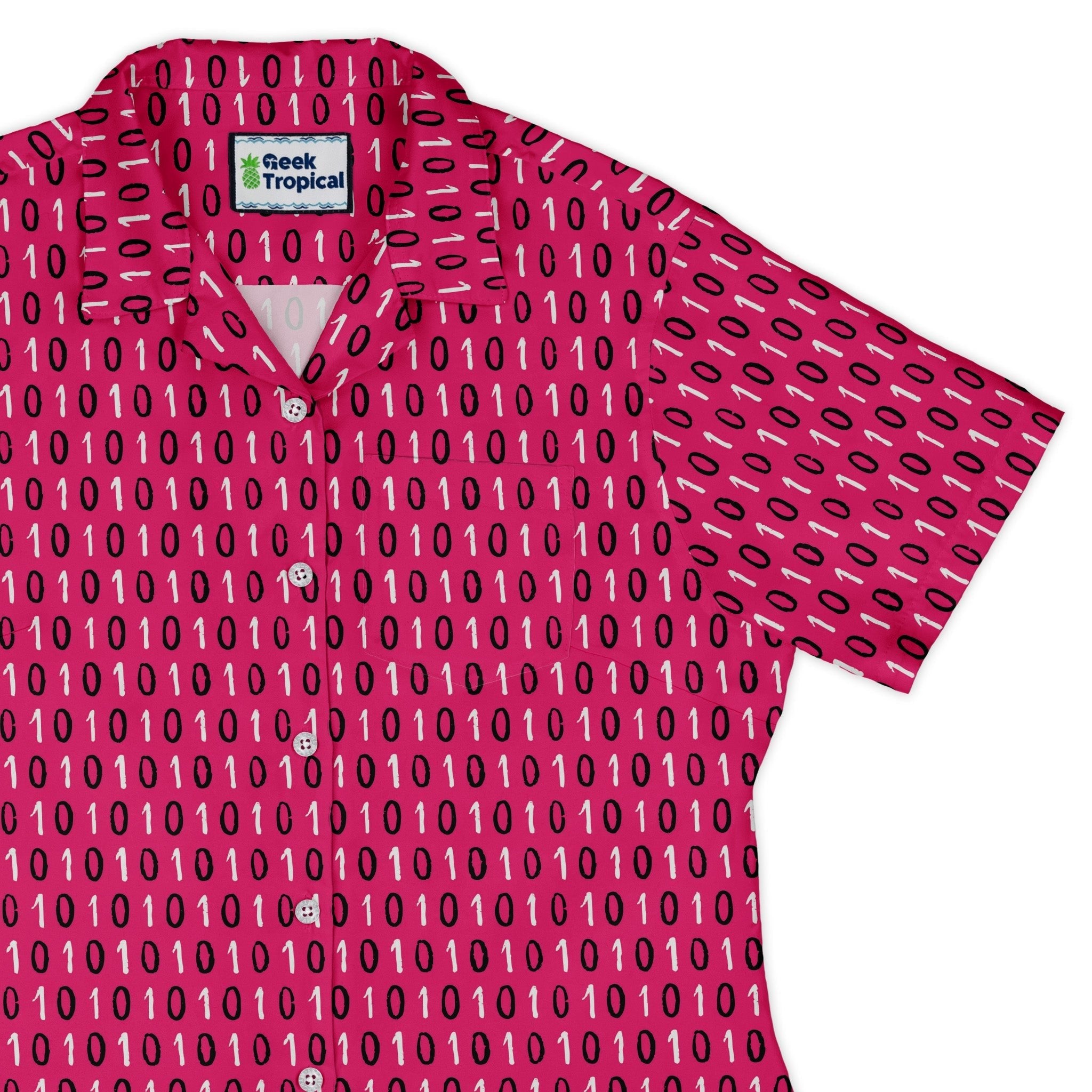 1s and 0s Pink Binary Curvy Button Up Shirt Geek Nerd computer print Design by Zirkus Design q225