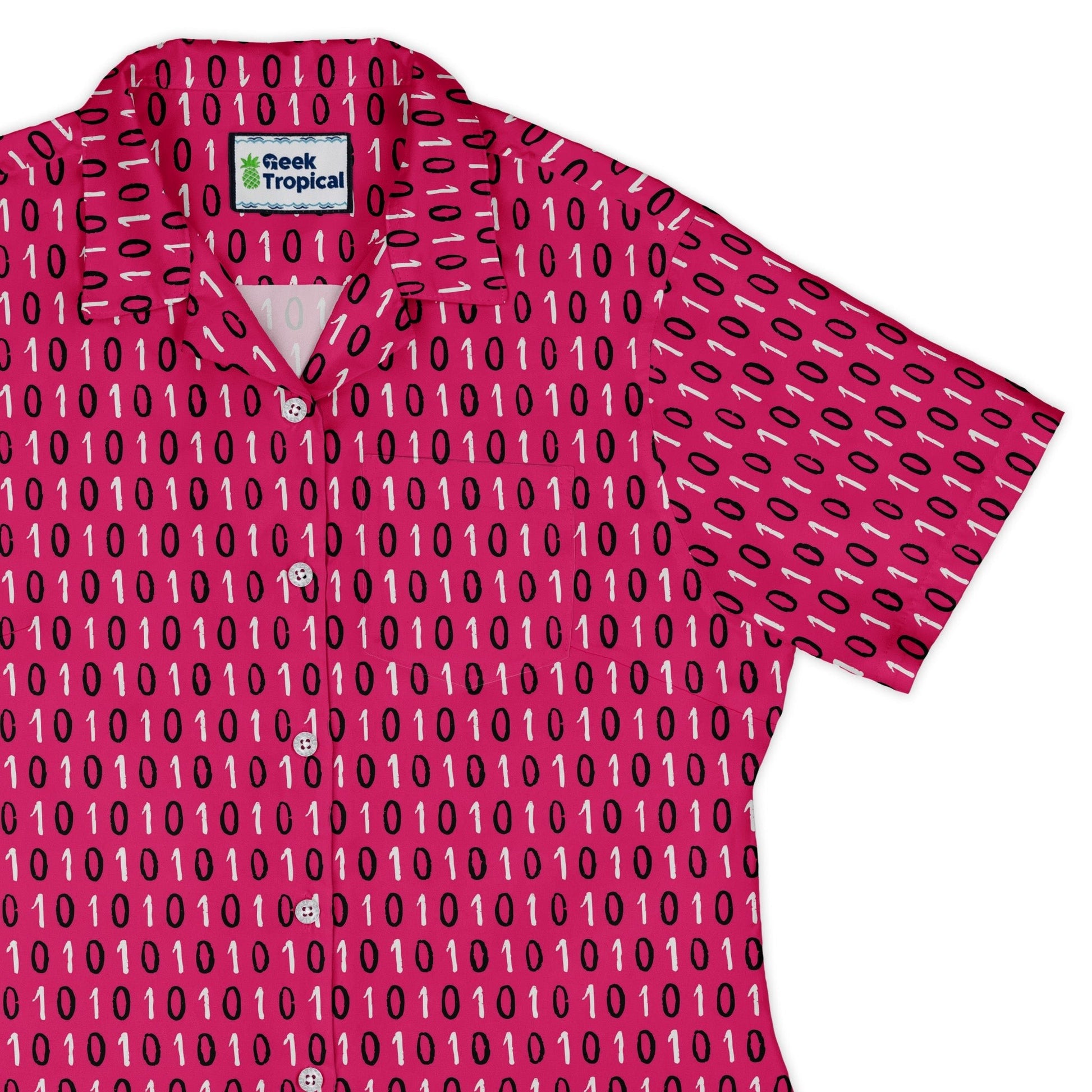 1s and 0s Pink Binary Curvy Button Up Shirt Geek Nerd computer print Design by Zirkus Design q225