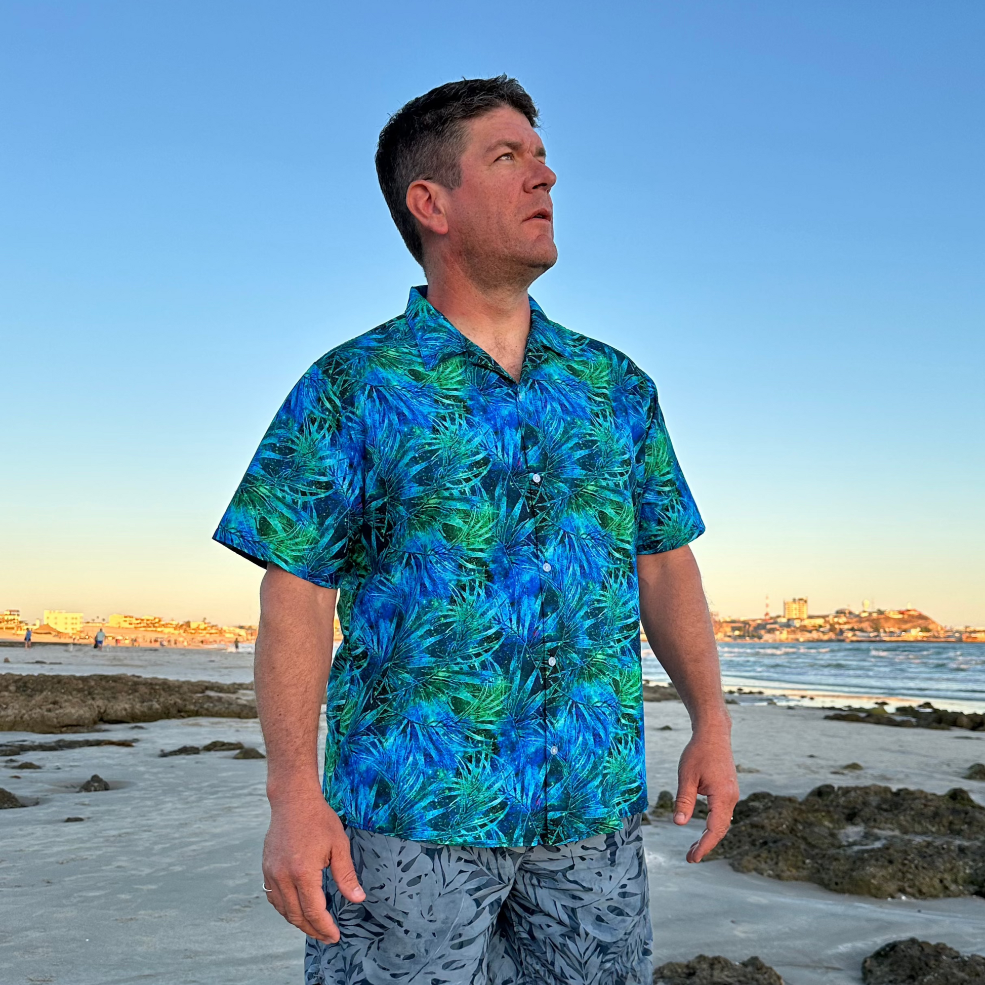 Blue Green Hawaiian Space Button Up Shirt