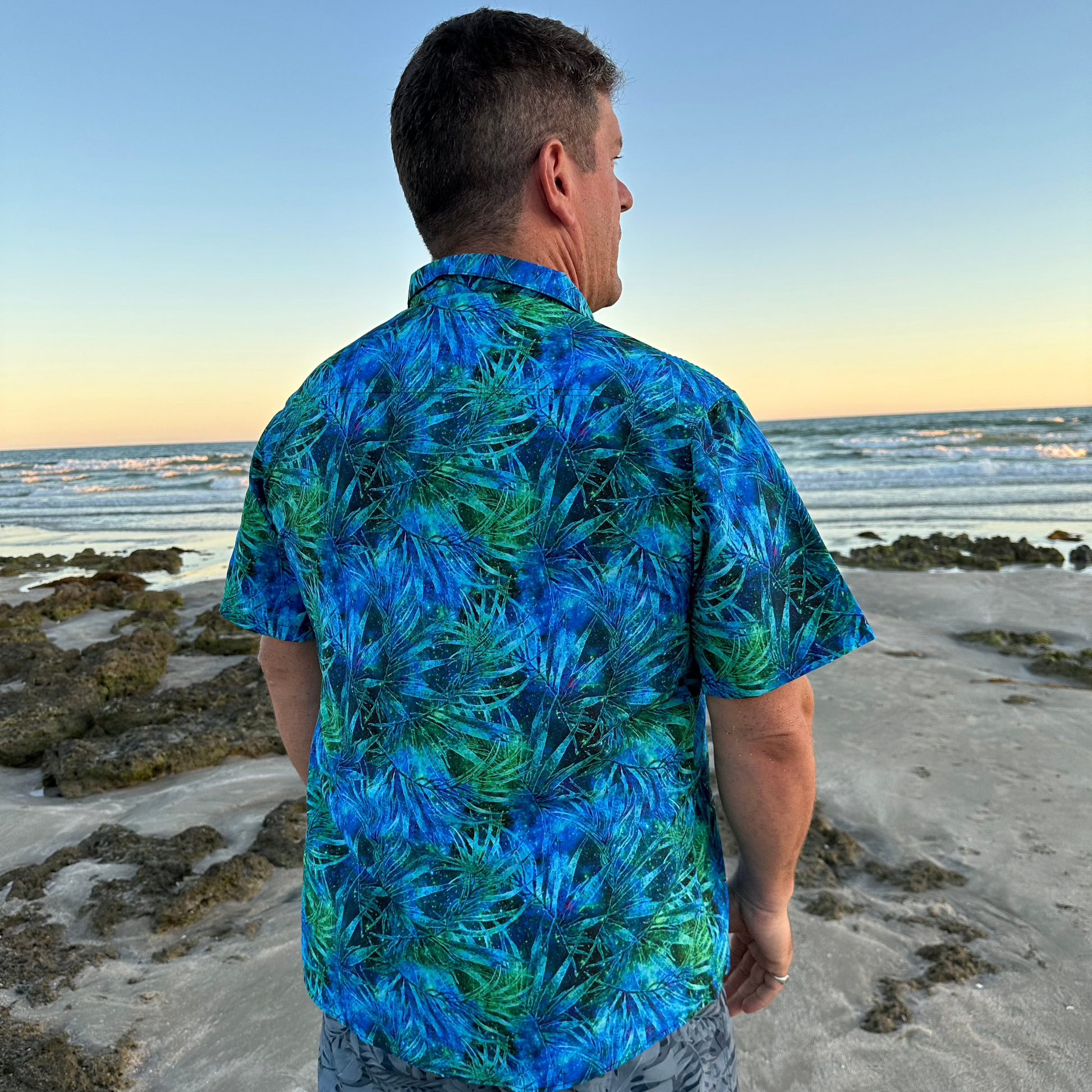 Blue Green Hawaiian Space Button Up Shirt