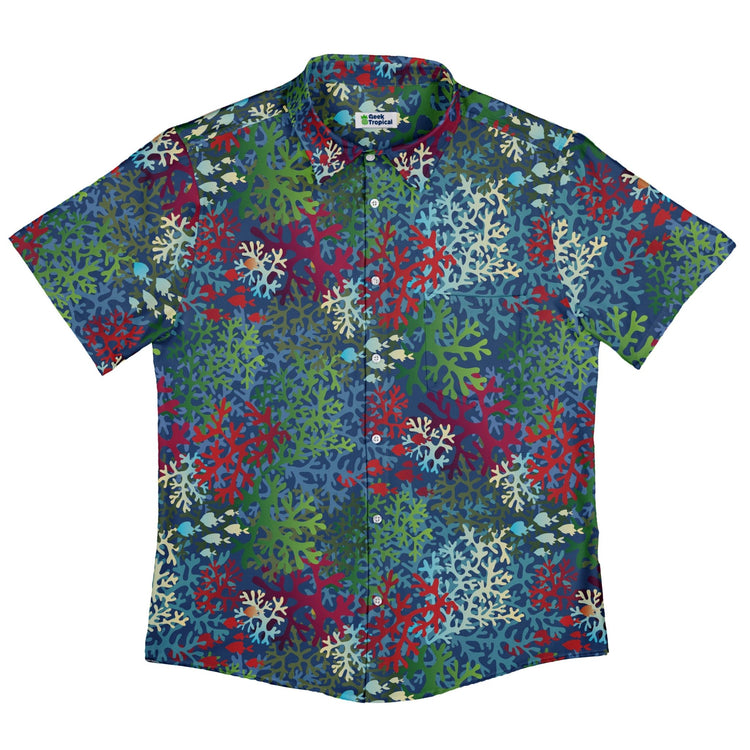 A Christmas Coral Button Up Shirt Geek Nerd adult sizing Christmas Print