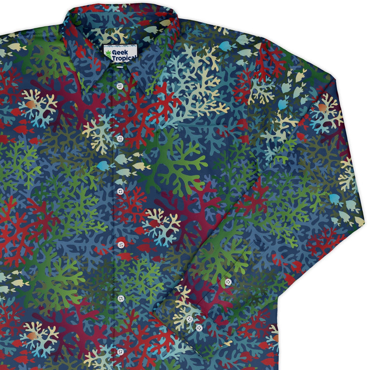 A Christmas Coral Long Sleeve Button Up Shirt Geek Nerd adult sizing Christmas Print FLOW DESC WRITING