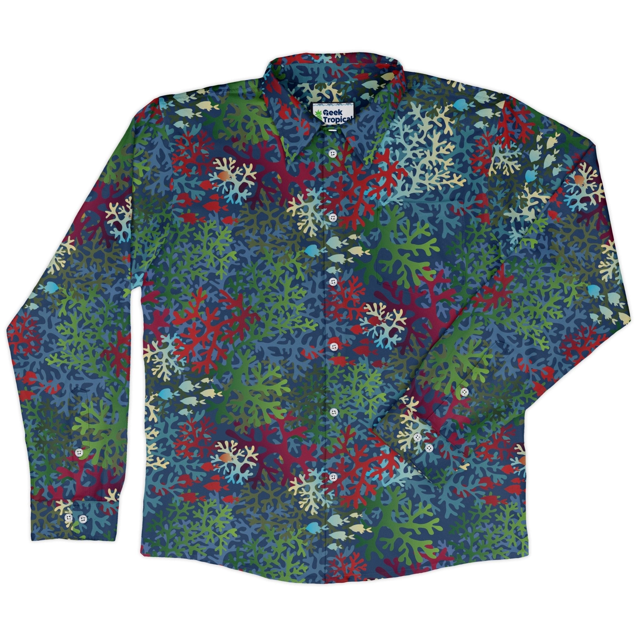A Christmas Coral Long Sleeve Button Up Shirt Geek Nerd adult sizing Christmas Print FLOW DESC WRITING