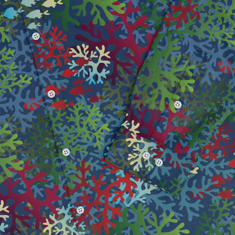 A Christmas Coral Long Sleeve Button Up Shirt Geek Nerd adult sizing Christmas Print FLOW DESC WRITING