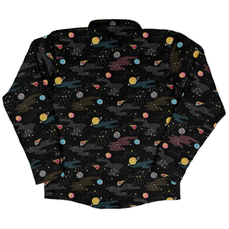 A Starry Galaxy Outer Space Long Sleeve Button Up Shirt Geek Nerd adult sizing FLOW DESC WRITING outer space & astronaut print