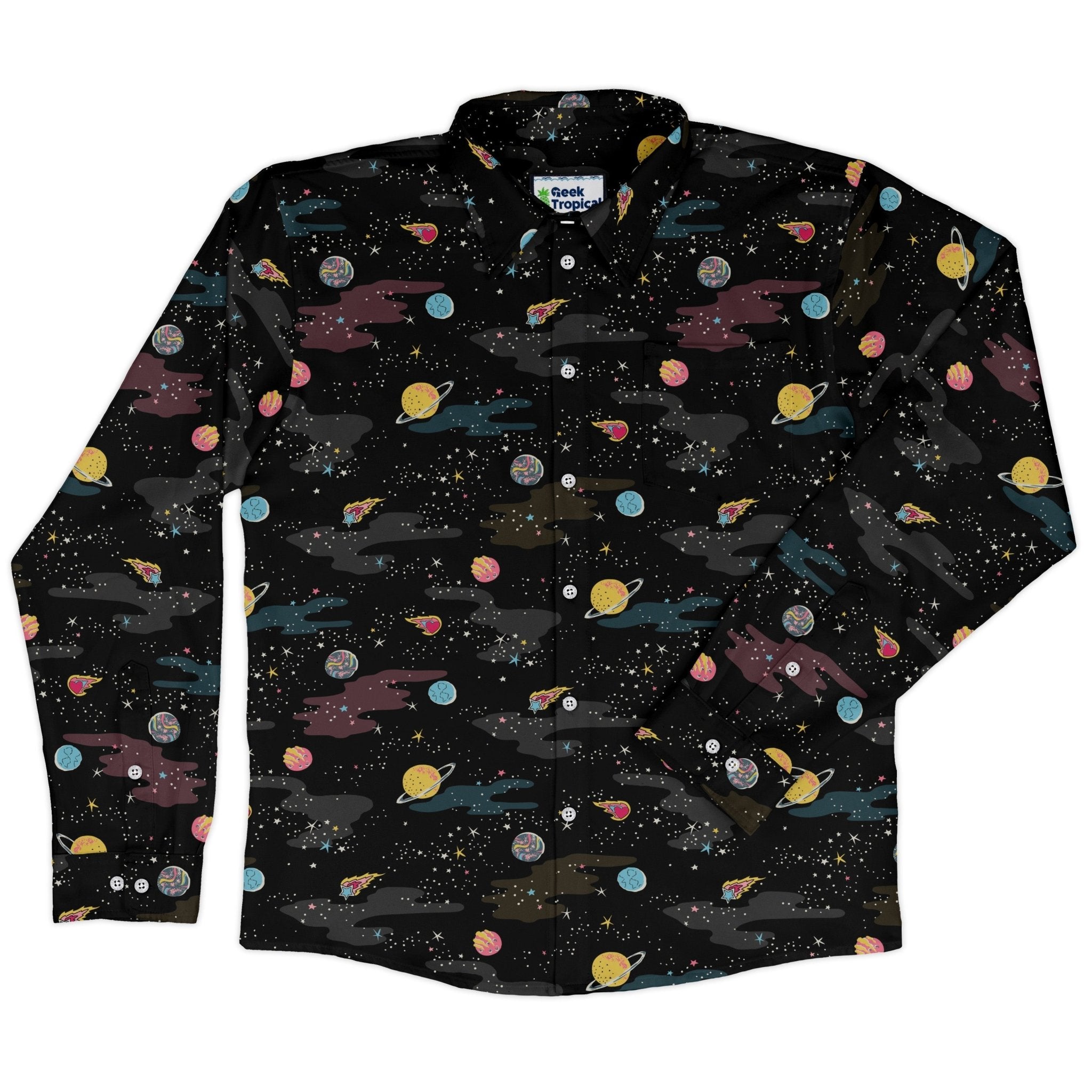 A Starry Galaxy Outer Space Long Sleeve Button Up Shirt Geek Nerd adult sizing FLOW DESC WRITING outer space & astronaut print