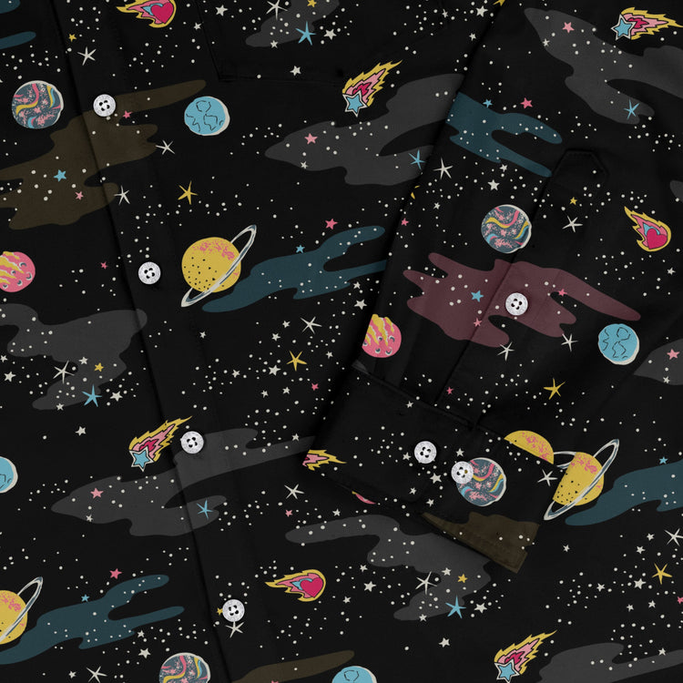 A Starry Galaxy Outer Space Long Sleeve Button Up Shirt Geek Nerd adult sizing FLOW DESC WRITING outer space & astronaut print