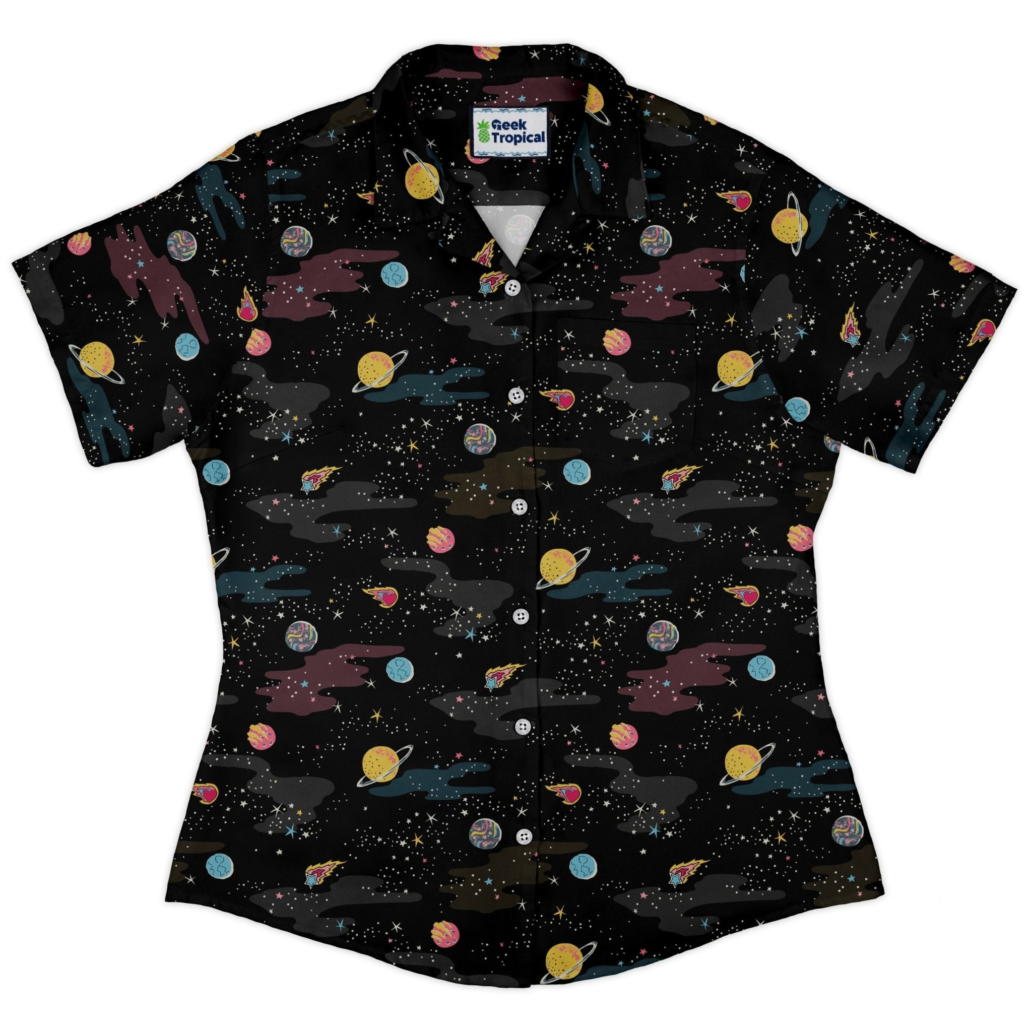 A Starry Galaxy Outer Space Curvy Button Up Shirt Geek Nerd outer space & astronaut print Print#0001 women