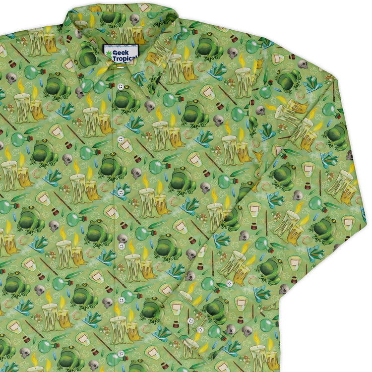 A Witches Brew Fantasy Long Sleeve Button Up Shirt Geek Nerd adult sizing Animal Patterns Designed by Rose Khan