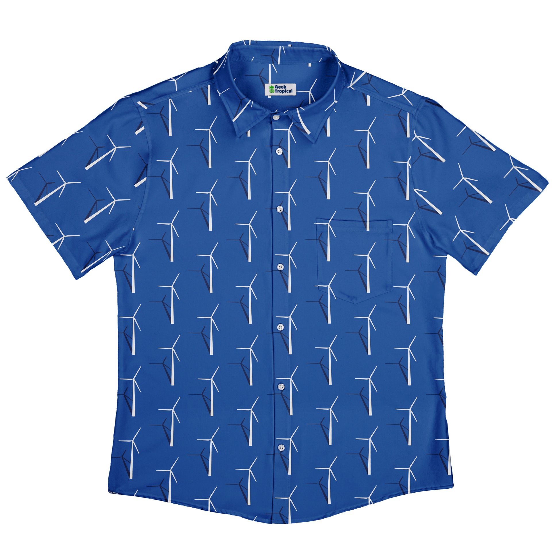 Aeolus Wind Turbines Blue Button Up Shirt Flat Front