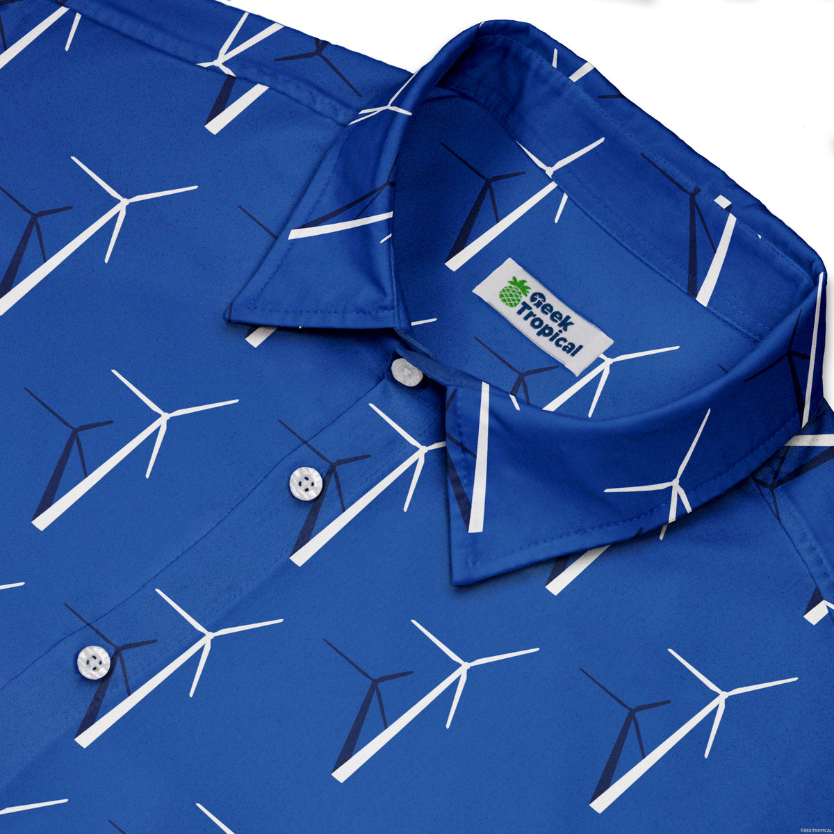 Aeolus Wind Turbines Blue Button Up Shirt Neck