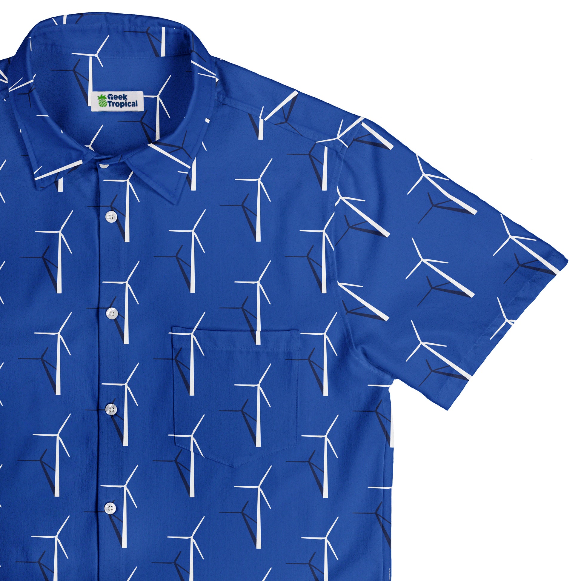 Aeolus Wind Turbines Blue Button Up Shirt Top Corner