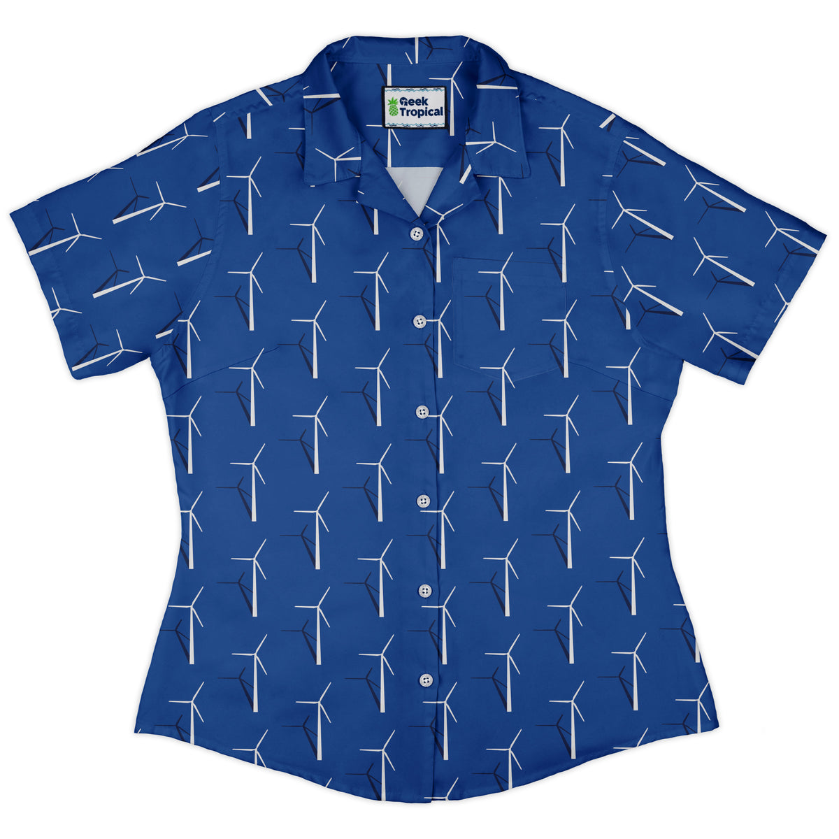 Aeolus Wind Turbines Blue Curvy Button Up Shirt Old Curvy Button Up Shirt womens front