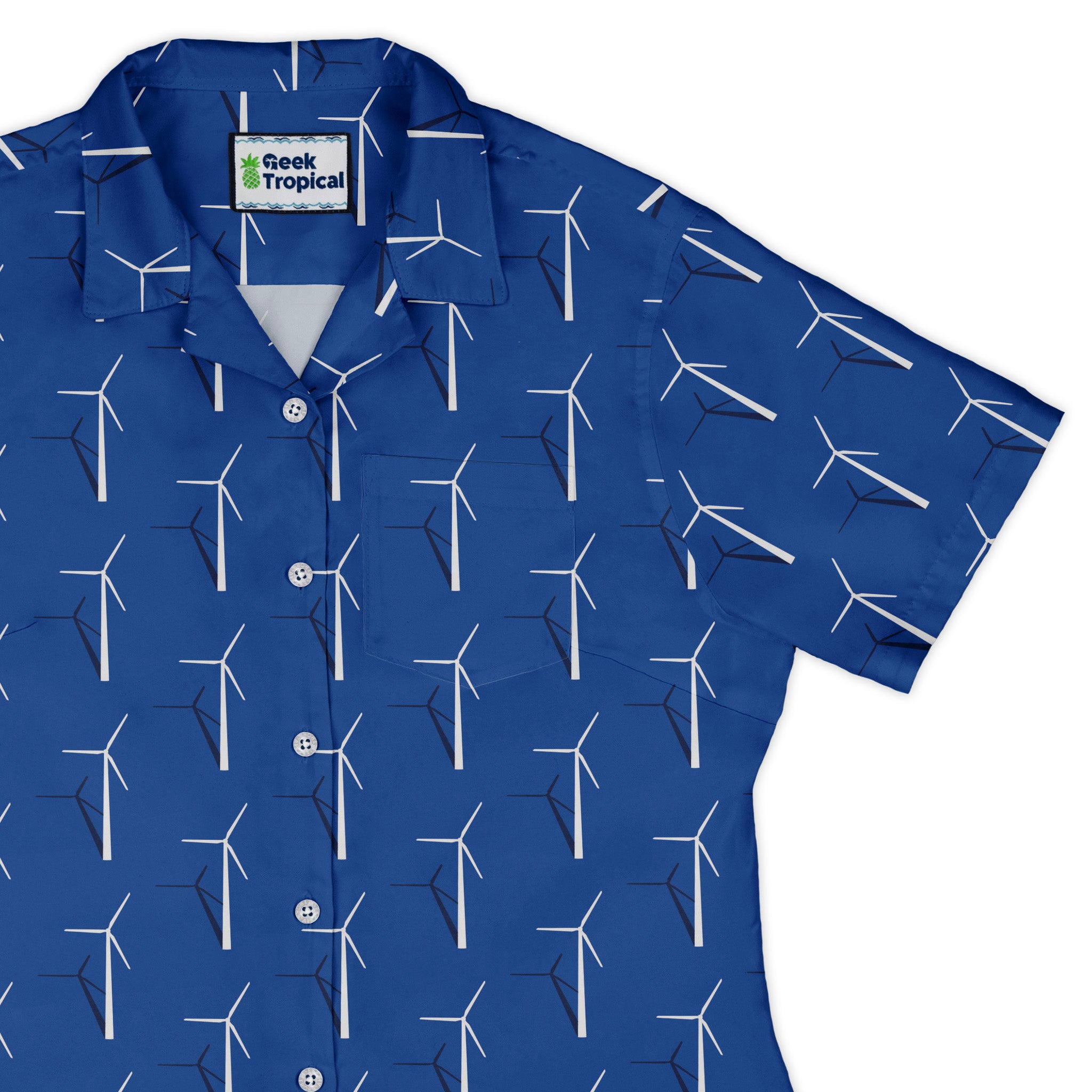 Aeolus Wind Turbines Blue Curvy Button Up Shirt Old Curvy Button Up Shirt womens top right