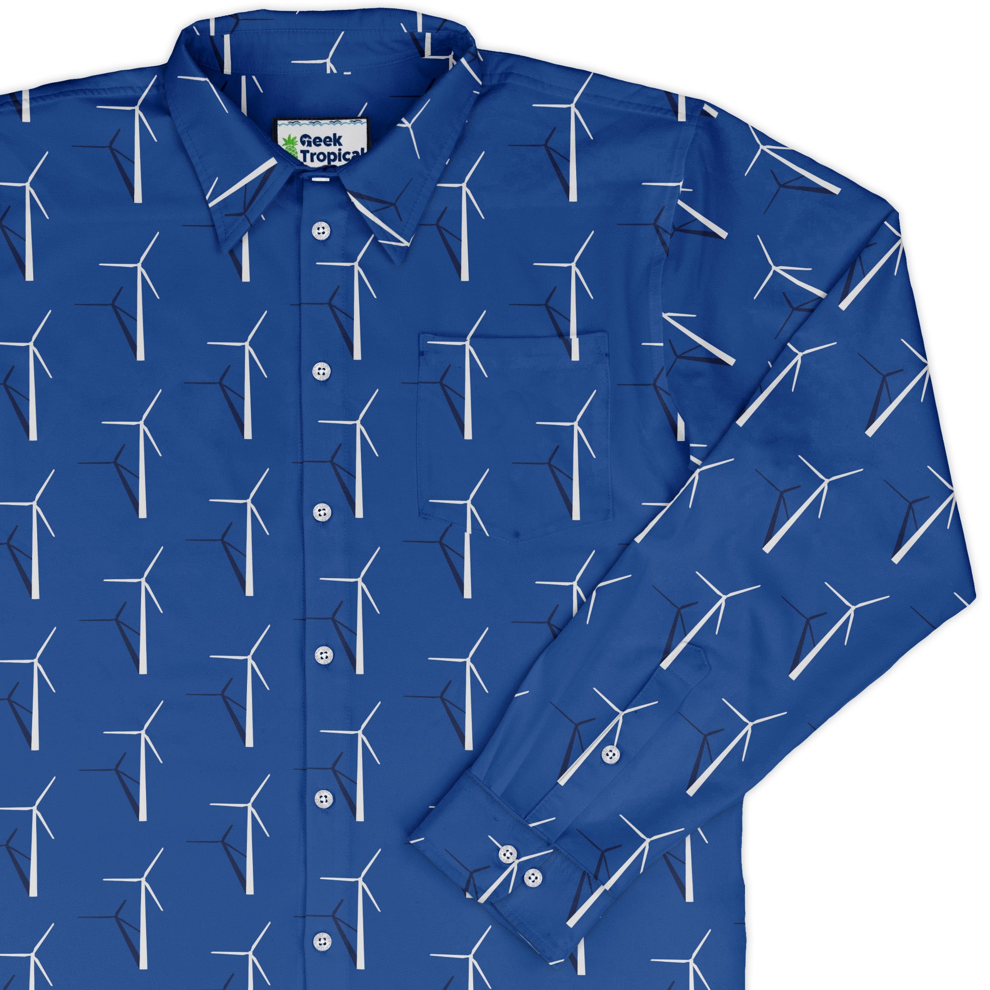Aeolus Wind Turbines Blue Long Sleeve Button Up Shirt cover