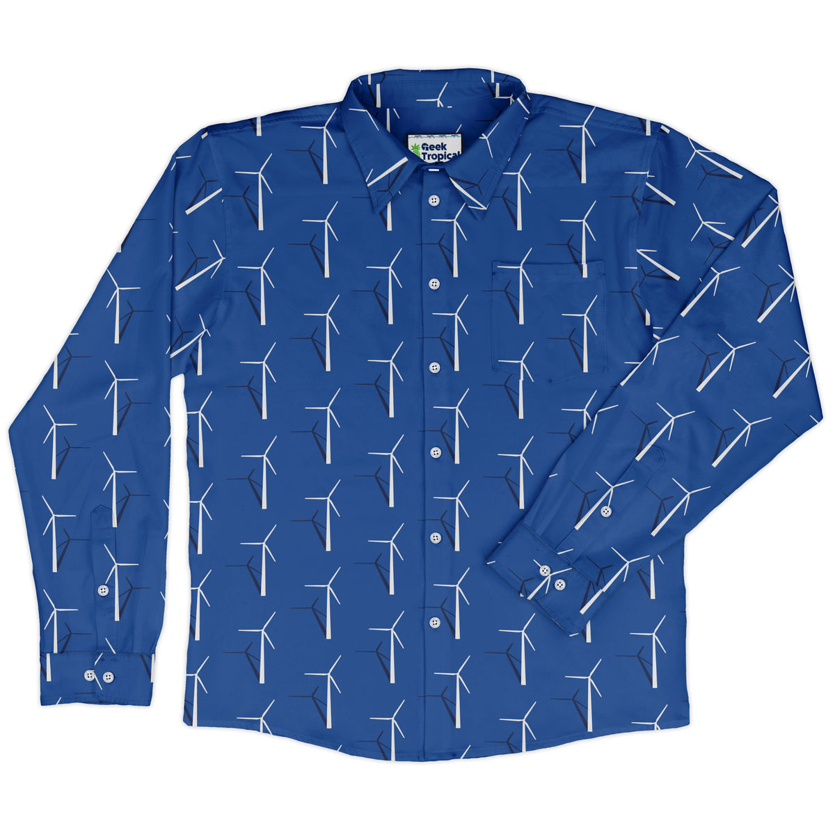 Aeolus Wind Turbines Blue Long Sleeve Button Up Shirt front