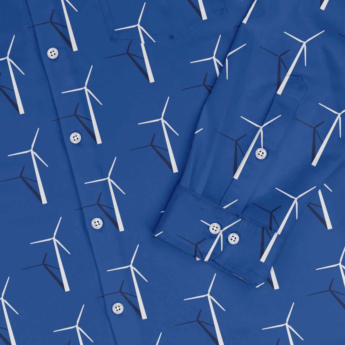 Aeolus Wind Turbines Blue Long Sleeve Button Up Shirt sleeve close