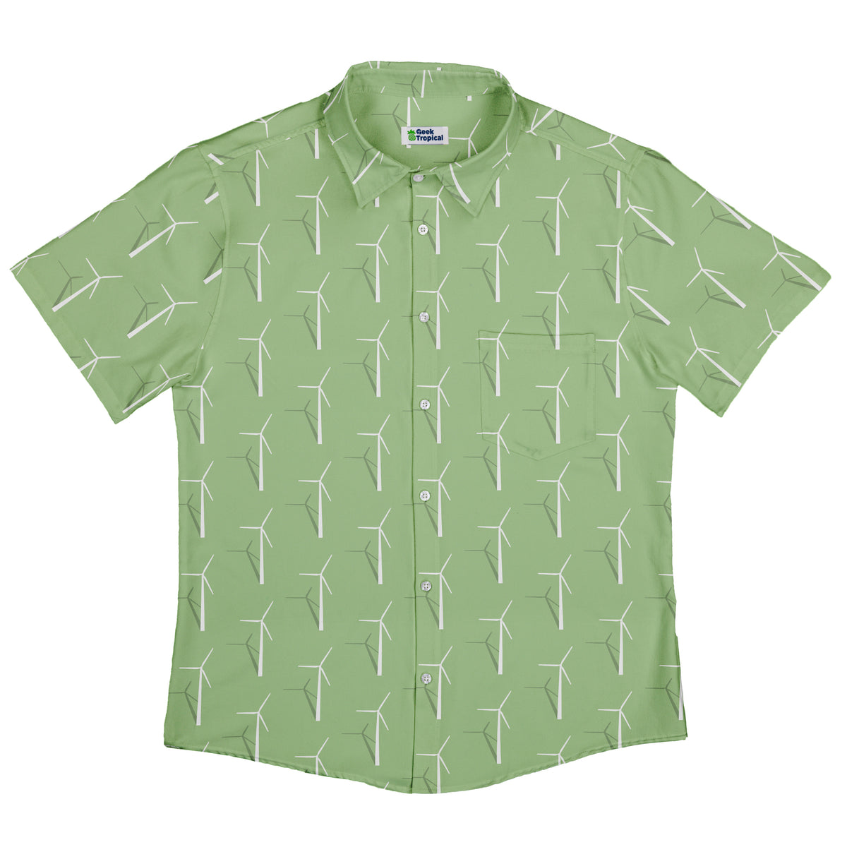 Aeolus Wind Turbines Green Button Up Shirt Flat Front