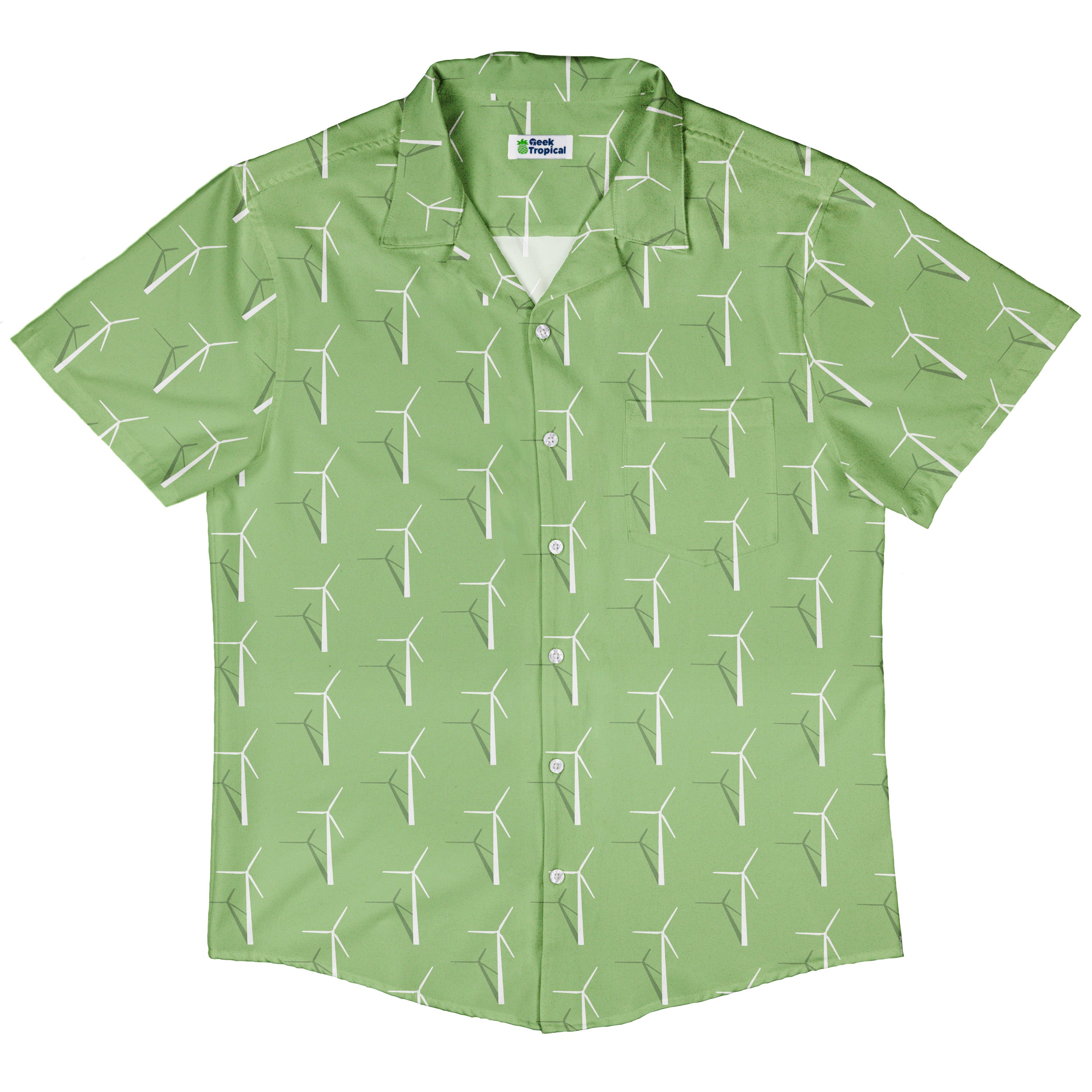 Aeolus Wind Turbines Green Button Up Shirt Hawaiian Front