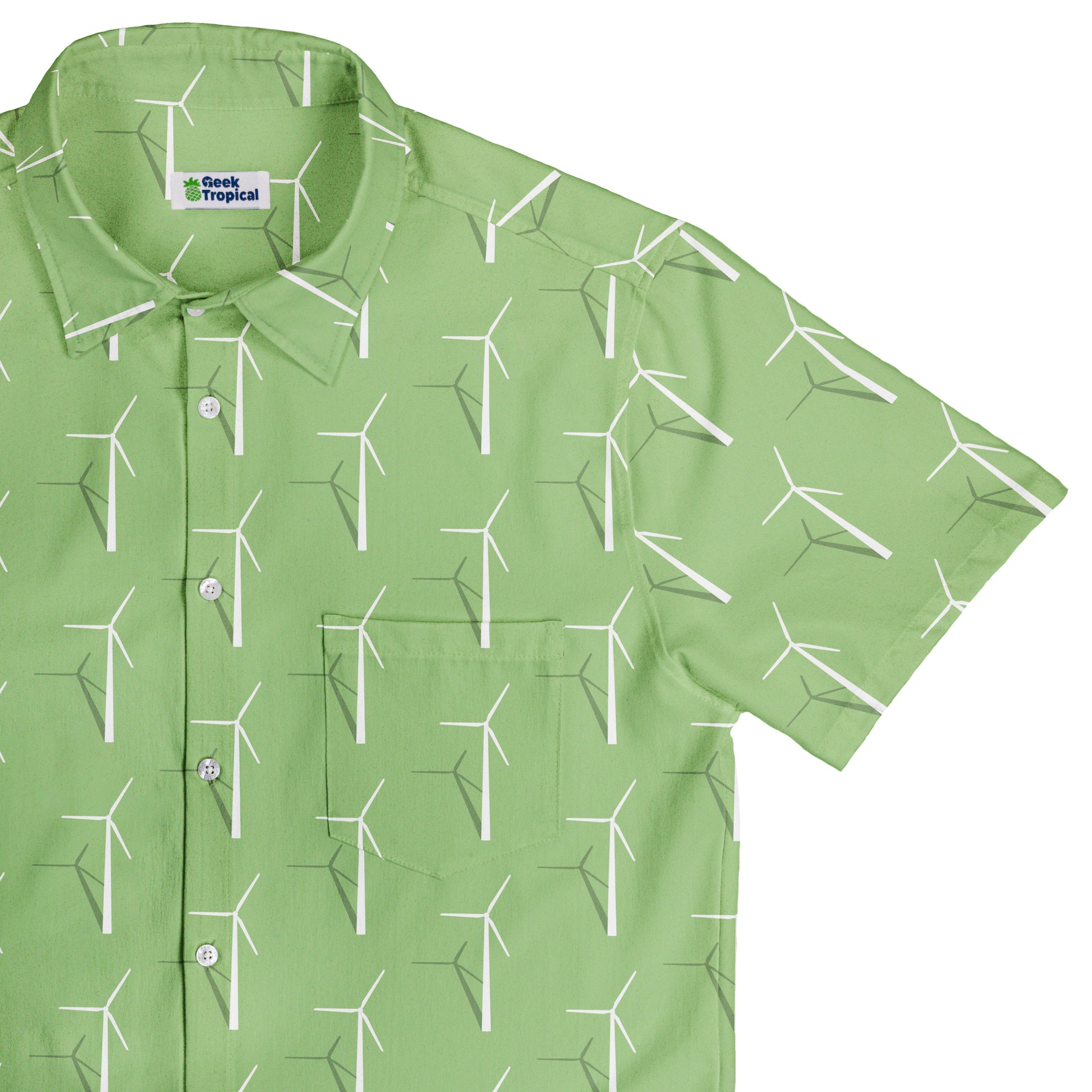 Aeolus Wind Turbines Green Button Up Shirt Top Corner