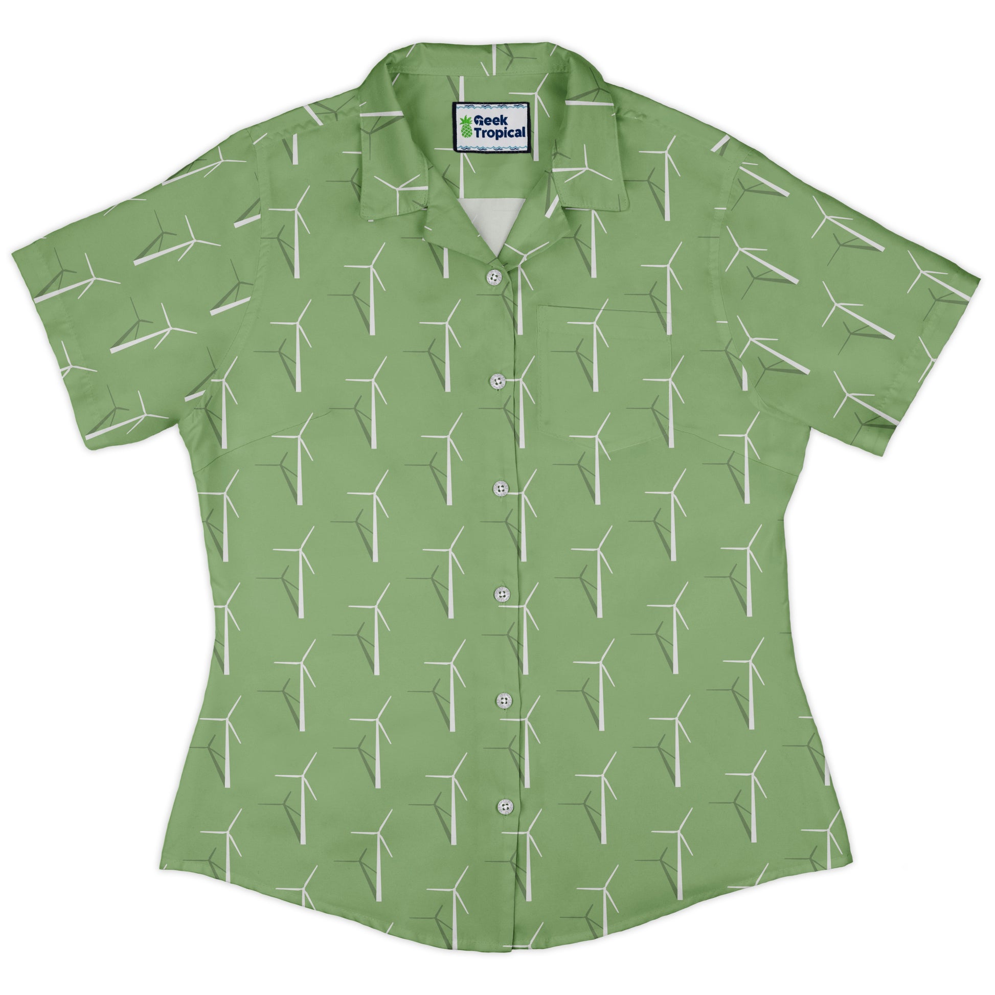 Aeolus Wind Turbines Green Curvy Button Up Shirt Old Curvy Button Up Shirt womens front