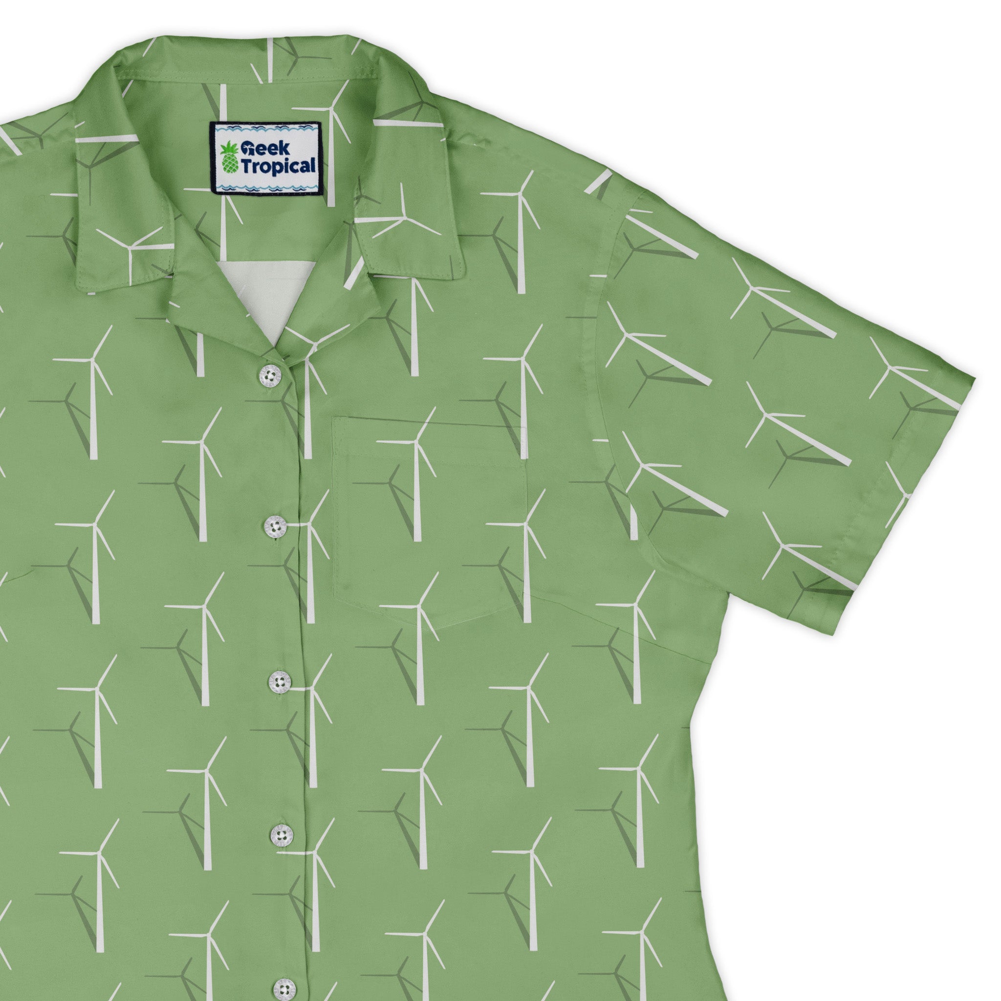 Aeolus Wind Turbines Green Curvy Button Up Shirt Old Curvy Button Up Shirt womens top right