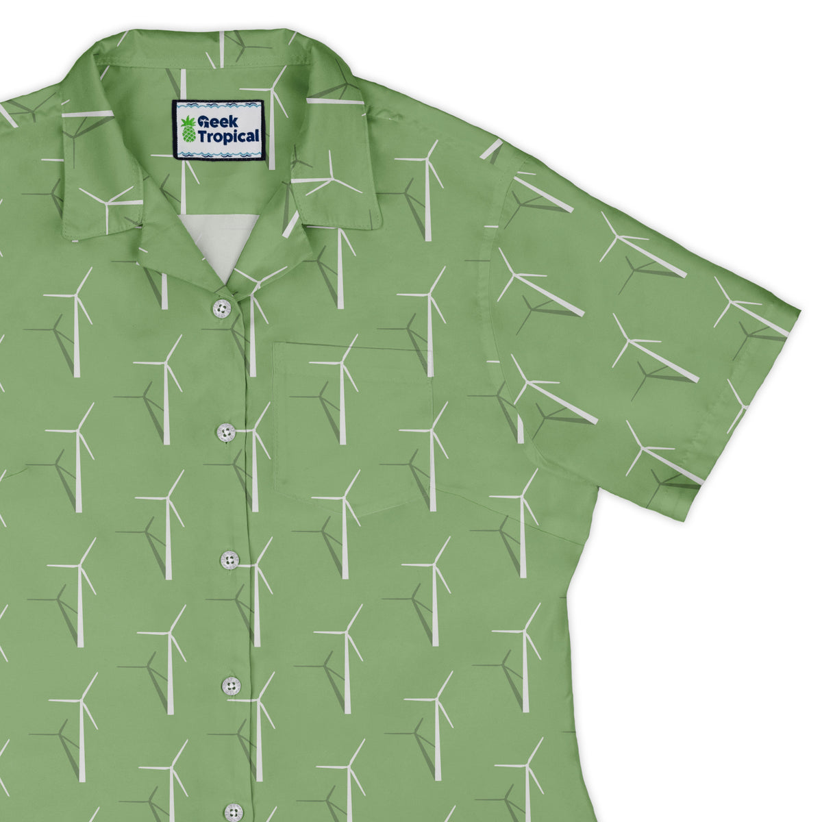 Aeolus Wind Turbines Green Curvy Button Up Shirt Old Curvy Button Up Shirt womens top right