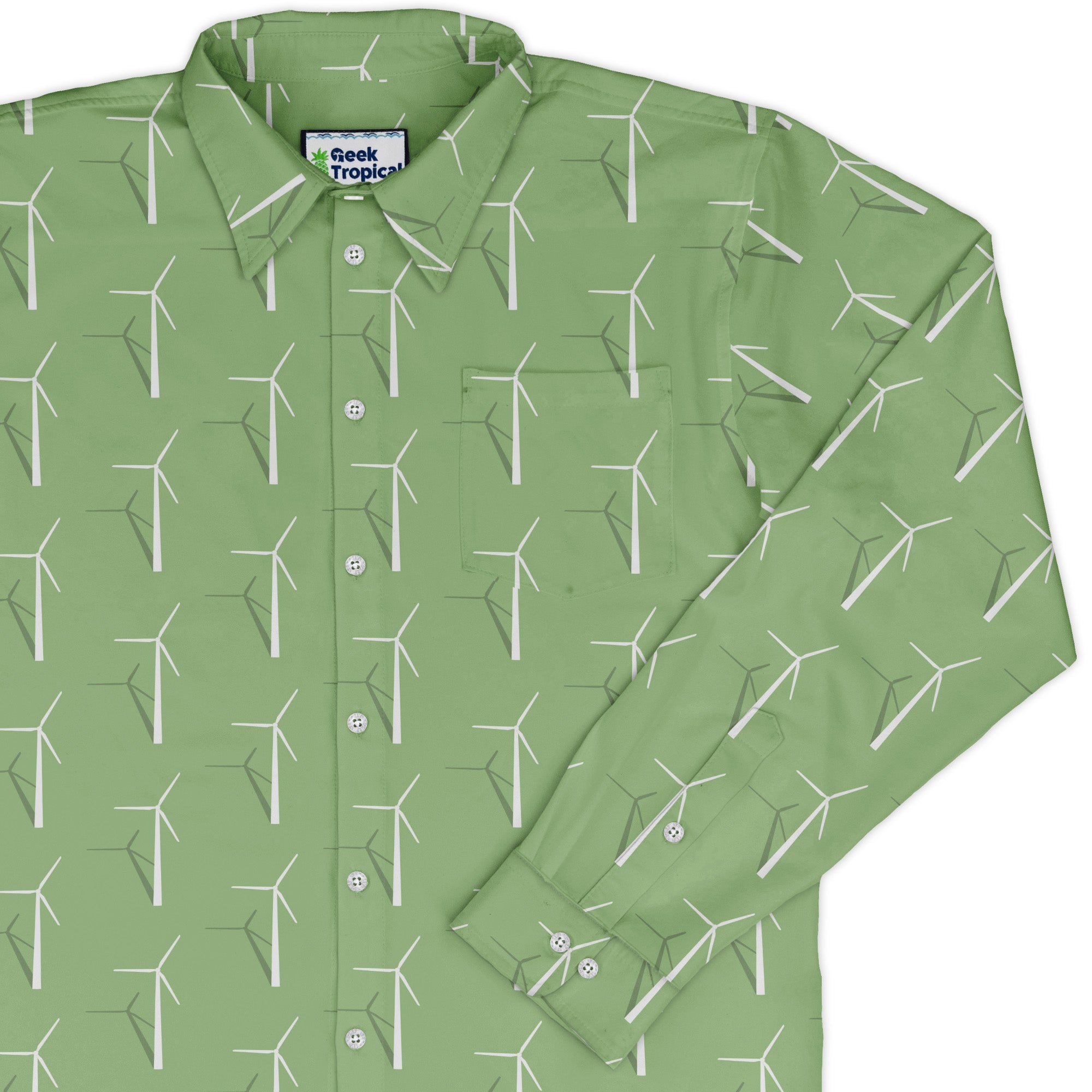 Aeolus Wind Turbines Green Long Sleeve Button Up Shirt cover
