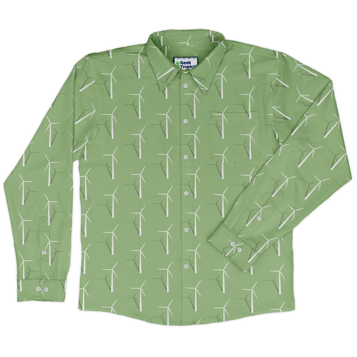 Aeolus Wind Turbines Green Long Sleeve Button Up Shirt front