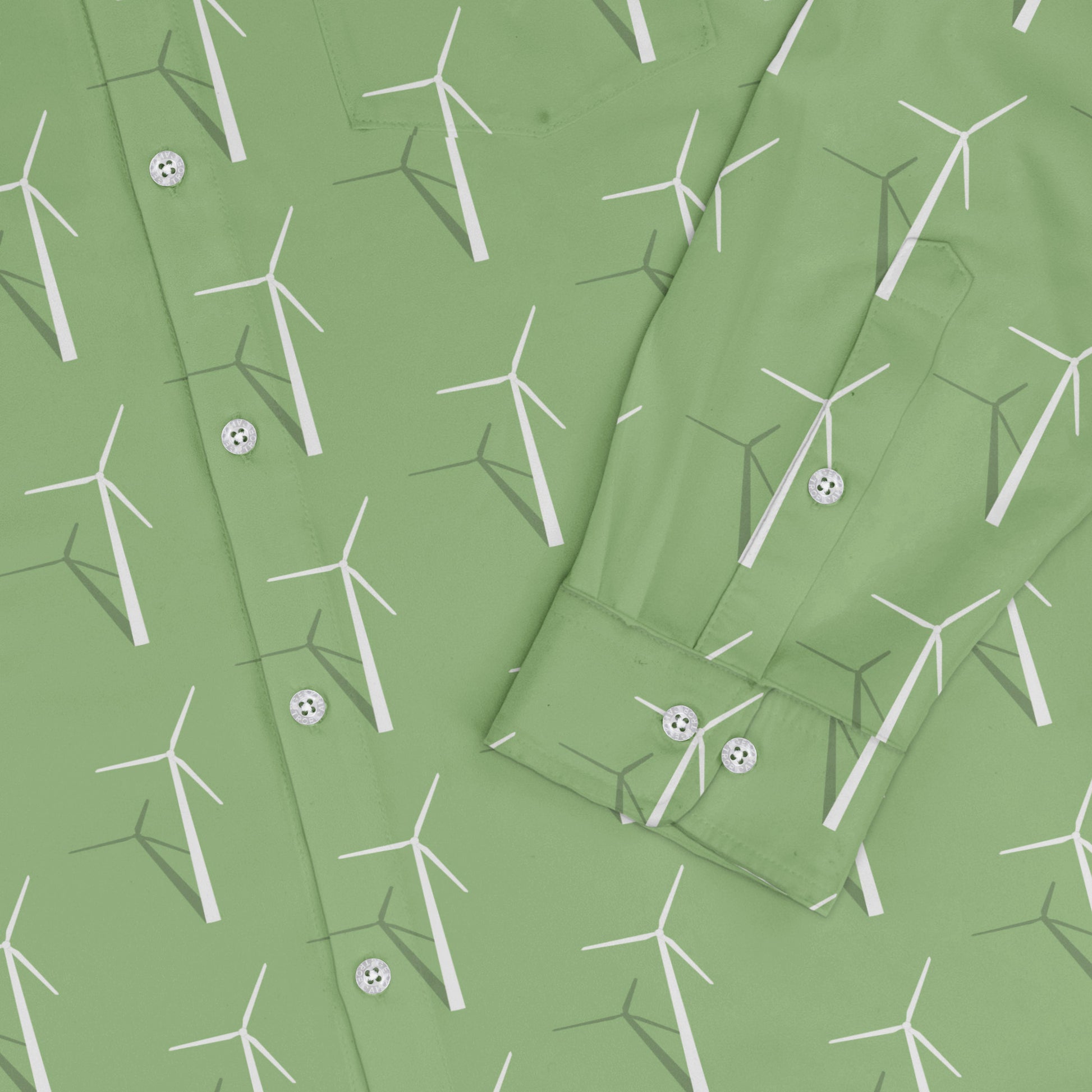 Aeolus Wind Turbines Green Long Sleeve Button Up Shirt sleeve close