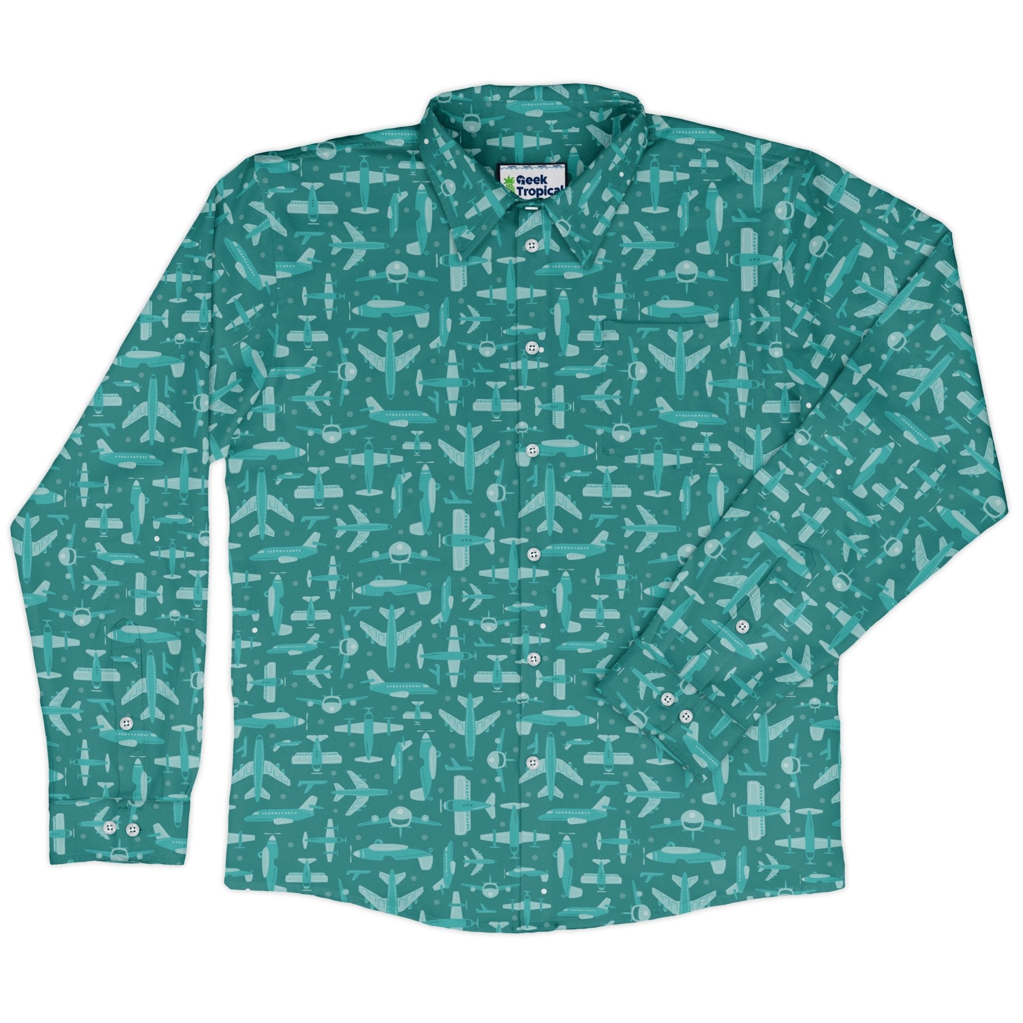 Airplane Angles Long Sleeve Button Up Shirt Geek Nerd adult sizing aviation print Design by Zirkus Design