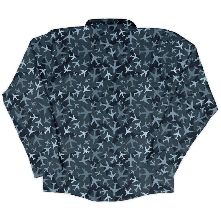 Airplanes Blue Camouflage Blue Long Sleeve Button Up Shirt Geek Nerd adult sizing aviation print FLOW DESC WRITING