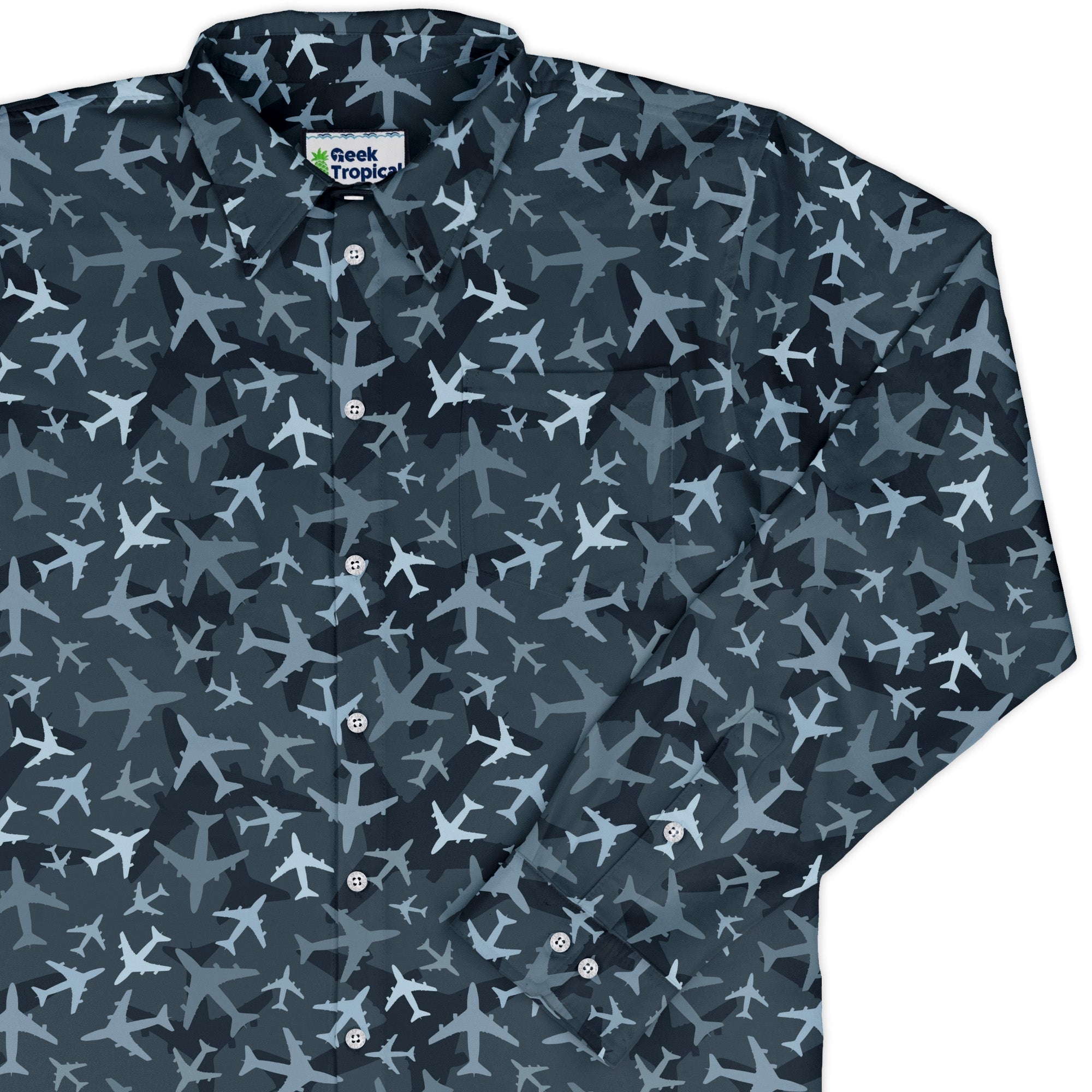 Airplanes Blue Camouflage Blue Long Sleeve Button Up Shirt