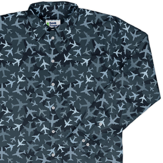 Airplanes Blue Camouflage Blue Long Sleeve Button Up Shirt Geek Nerd adult sizing aviation print FLOW DESC WRITING