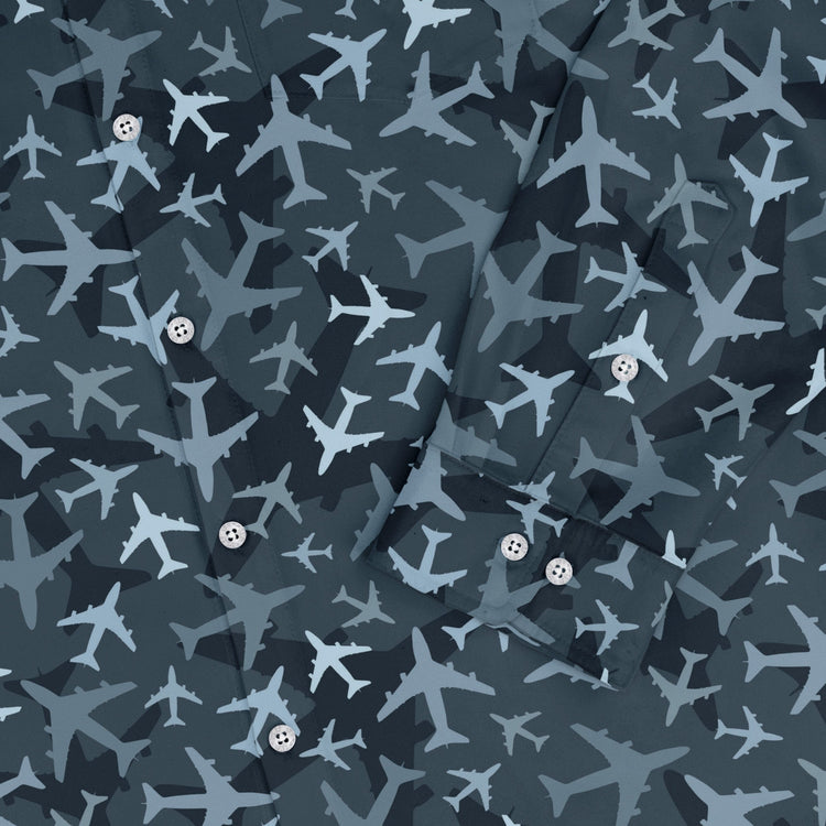 Airplanes Blue Camouflage Blue Long Sleeve Button Up Shirt Geek Nerd adult sizing aviation print FLOW DESC WRITING