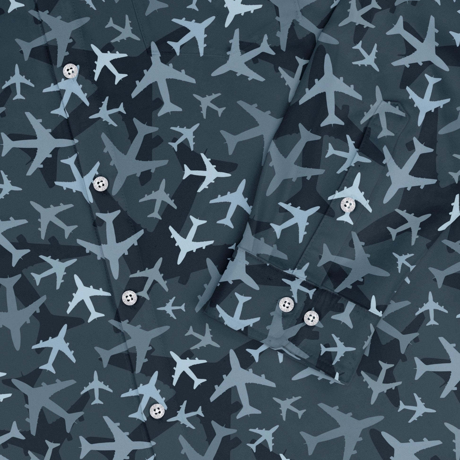 Airplanes Blue Camouflage Blue Long Sleeve Button Up Shirt